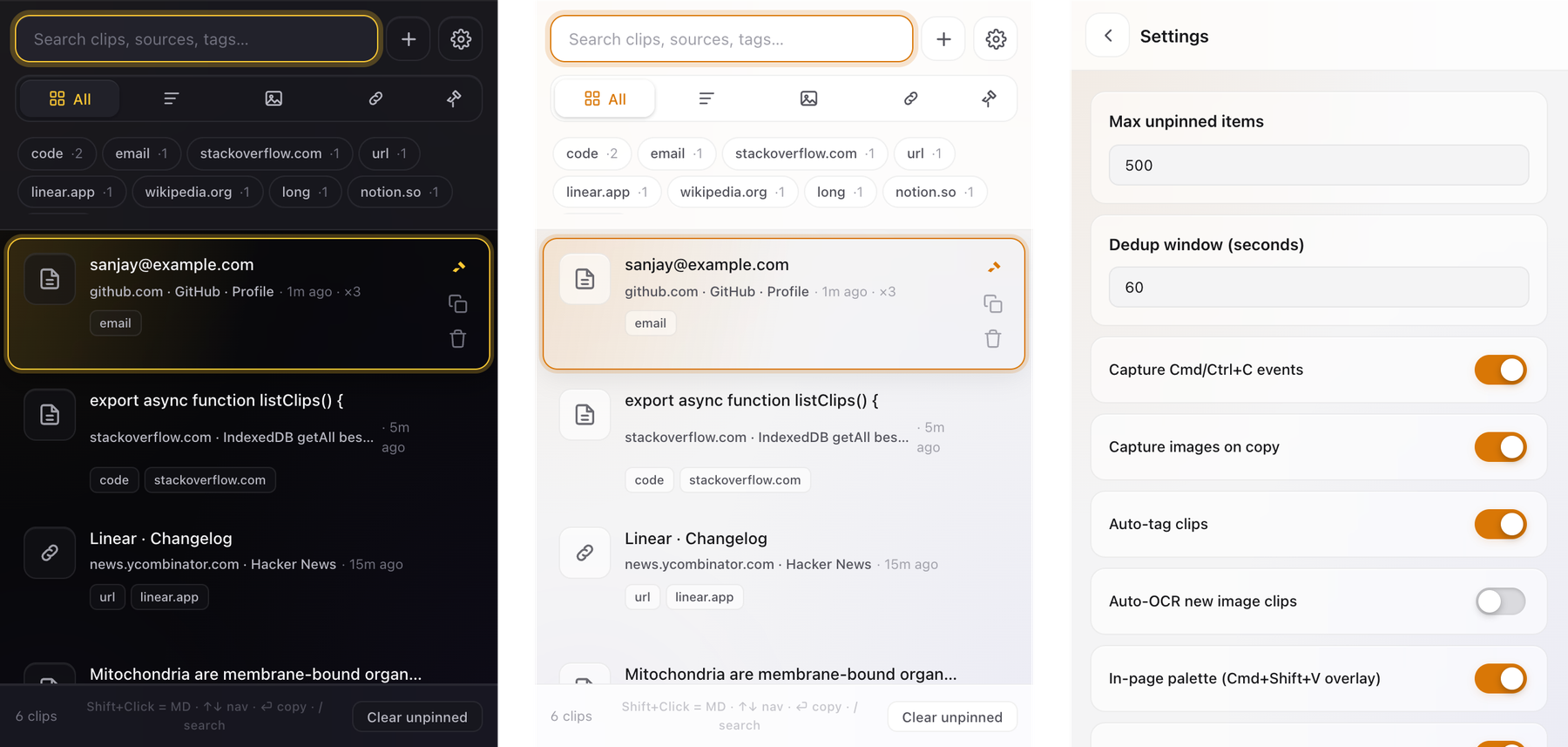 Context Clipboard — dark popup, light popup, settings panel