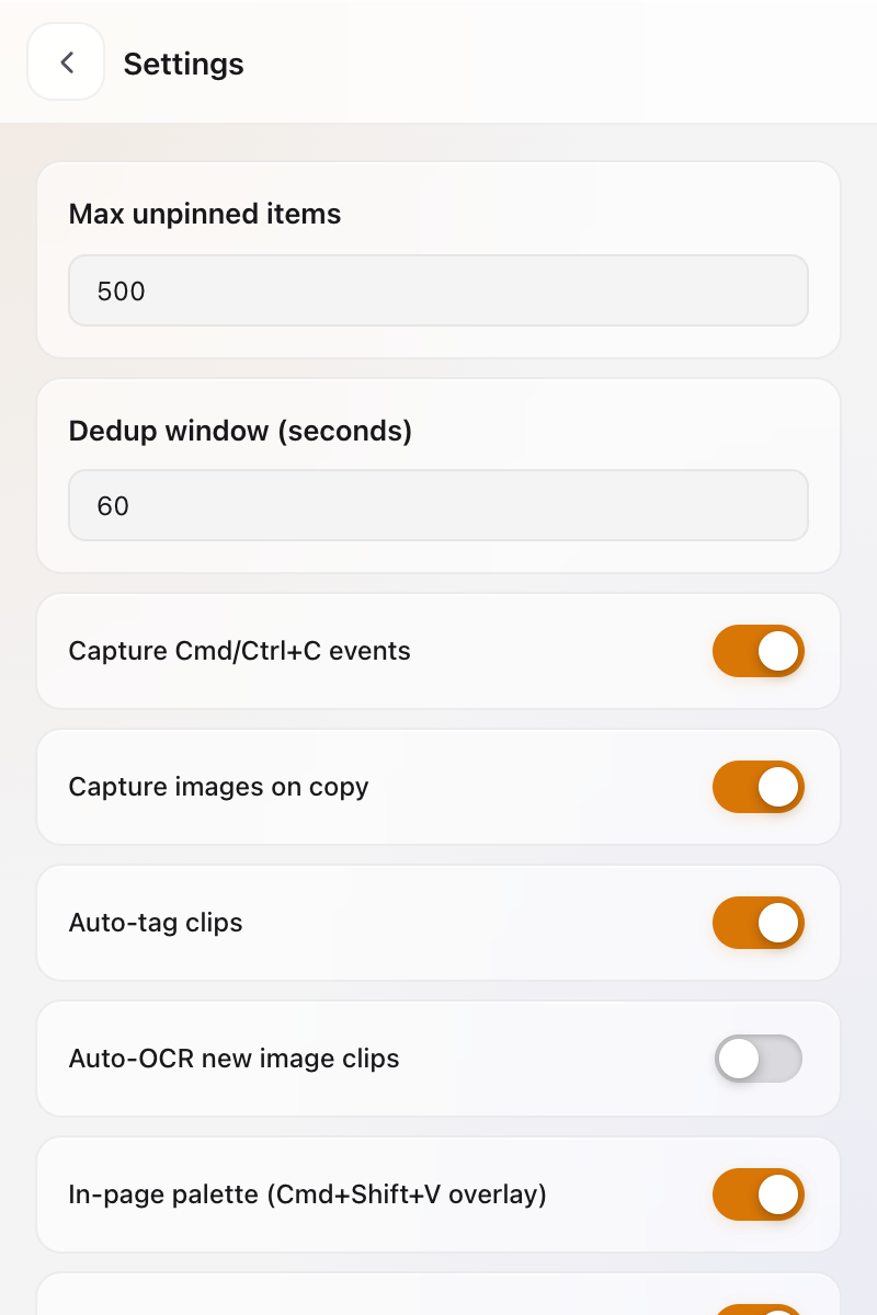 Settings panel